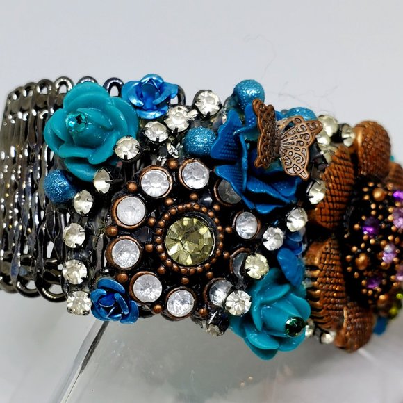 Victorian Steampunk High Detail Copper Turquoise Rose Rhinestone Cuff Bracelet - Picture 12 of 14
